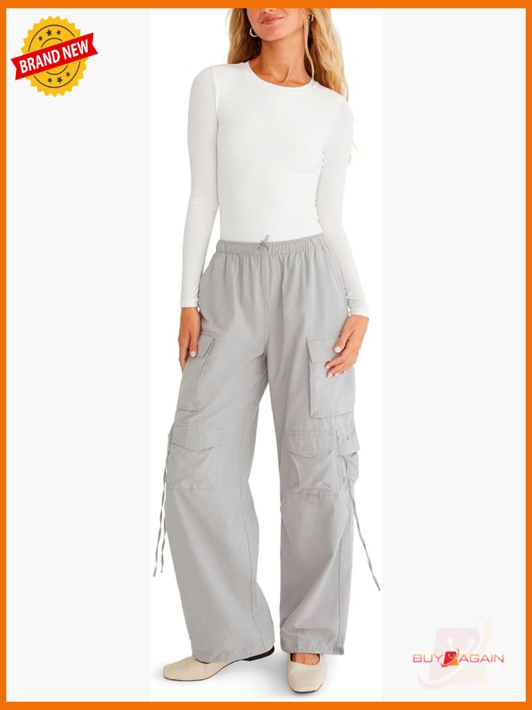 Oversized Y2k Cargo Pants With Elastic Waist & Drawcord, Straight Leg, Mid Rise